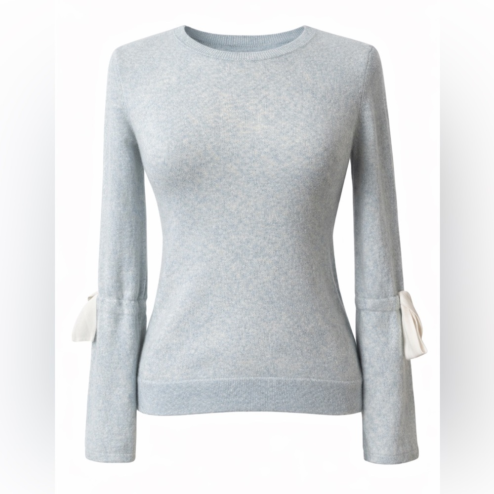 Club Monaco Cashmere Light Baby Blue Sweater with Silk Bow Sleeves | NWOT